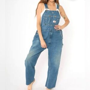 Vintage 90s Round House Blue Denim Bib Overalls Distressed Baggy Women Large